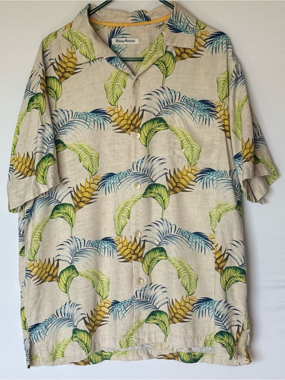 Tommy Bahama Beige Cotton Linen Blend Tropical Leaf AOP Button-Up Camp Shirt